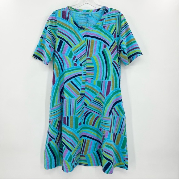 fresh produce Dresses & Skirts - Fresh Produce Blue Multicolor Geometrical Print Cotton Knit Dress w/Pockets